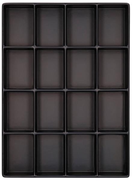 The image displays a rectangular tray with 16 individual, square compartments. It is uniformly black and has a smooth surface. The compartments are evenly arranged.