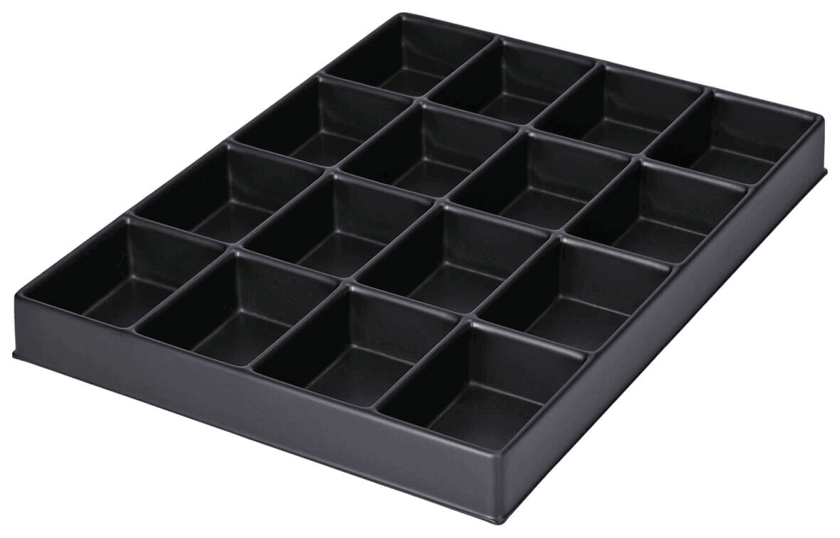 The image shows a black storage unit with 15 square compartments. It has a flat, rectangular shape and is made of a smooth material. Ideal for storing small items.