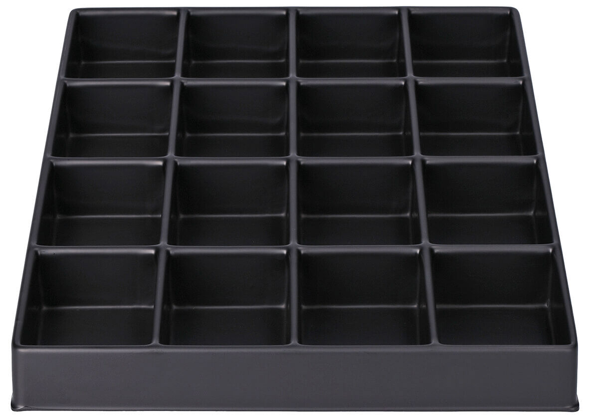 The image displays a black, flat container with 20 equal-sized compartments arranged in a 4x5 grid. It features a sturdy frame and is made of a glossy material.