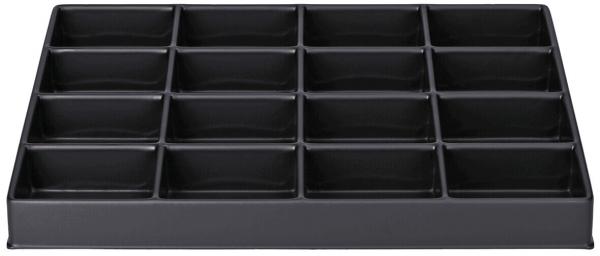 The image displays a flat, rectangular storage box with 16 square compartments. The box is black and features slightly raised edges. It is suitable for organizing small items.