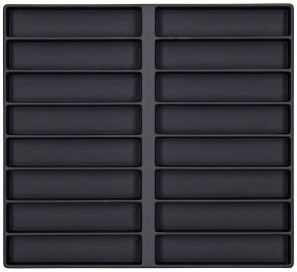 The image shows a black tray with 16 rectangular compartments, arranged in four rows and four columns. The compartments are evenly distributed and slightly shifted to the left at the bottom.