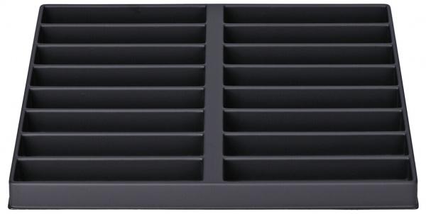 The image displays a rectangular, black storage tray with multiple compartments. It is divided into two main sections, which are further segmented into equal parts.