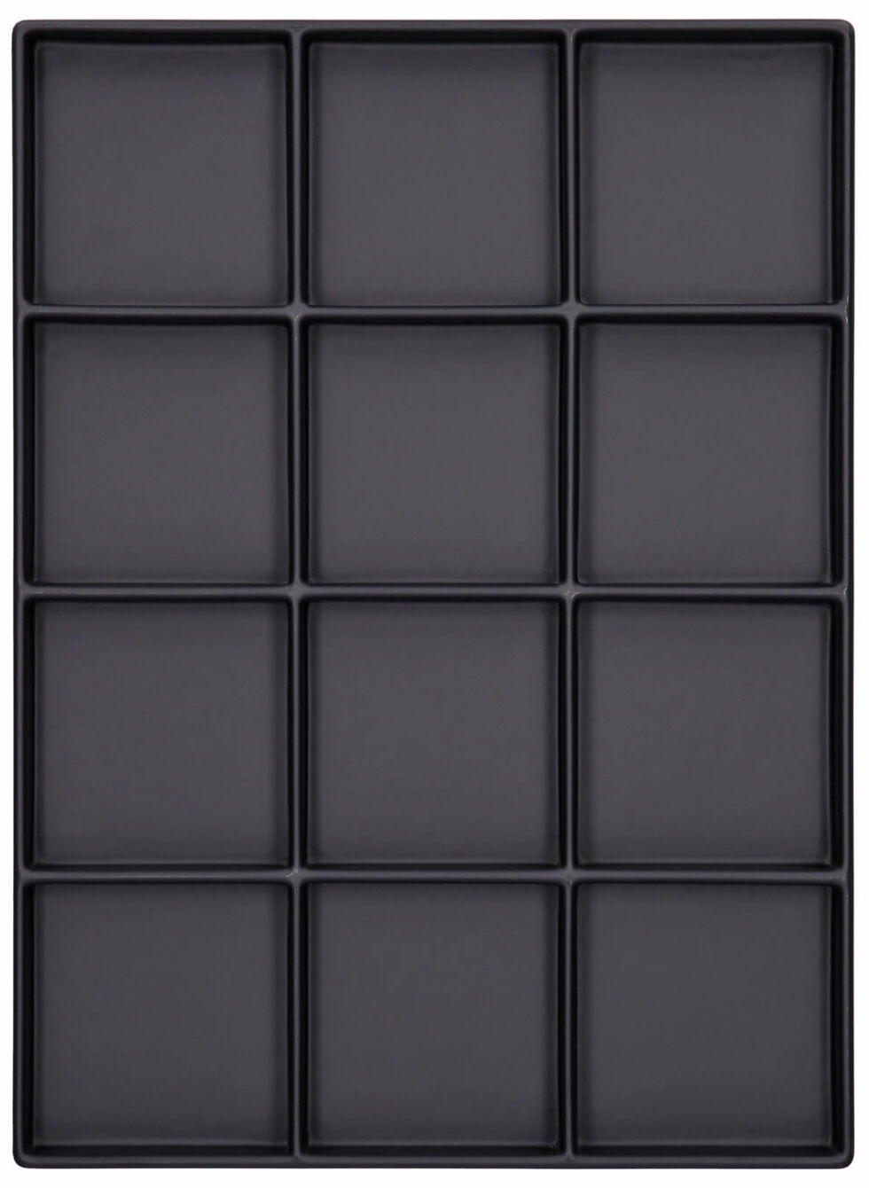 The image displays a rectangular baking tray with 12 equal-sized indentations arranged in 3 rows and 4 columns. The surface is black and smooth.