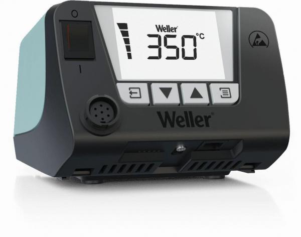 Das Bild zeigt ein schwarzes Gerät mit einem digitalen Display, das die Temperatur von 350 °C anzeigt. Es hat Drucktasten und ein markantes Logo "Weller" auf der Vorderseite.