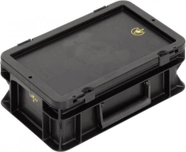 The image displays a rectangular, black plastic box with a sturdy lid. It features a carrying handle and grooved sides that provide the box with stability.