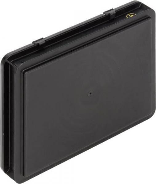 The image shows a black, rectangular case or box. It has rounded edges, a smooth surface, and a side opening intended for carrying or storage.