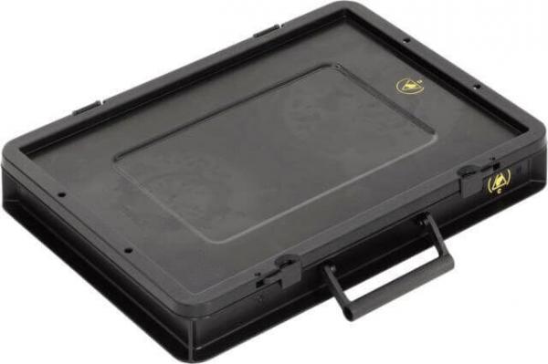 The image shows a rectangular, flat black box with a handle. The surface is smooth, and there is a recessed area in the center. It appears sturdy and easily portable.