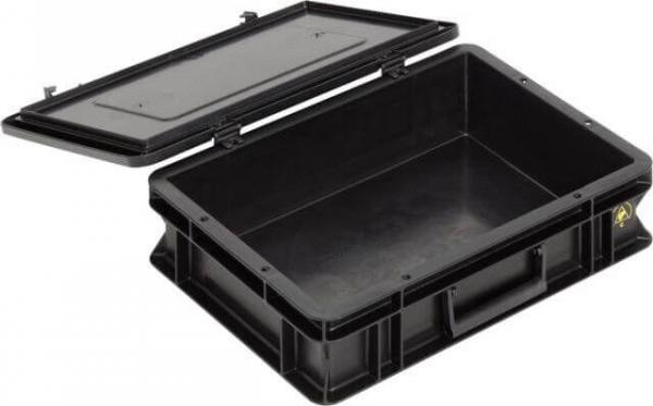 The image shows a black, rectangular plastic box with a lid that can be opened. The box has handles on the sides for easy carrying. It is empty and versatile.