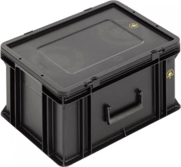 The image shows a rectangular, black plastic container with a sturdy lid. There is a handle on the side for carrying. It appears robust and is suitable for storage.