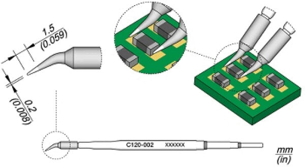 The image shows a technical drawing. A tool with a fine tip is depicted. Additionally, two pliers targeting a circuit board with small rectangular components are shown. Dimensions are provided.