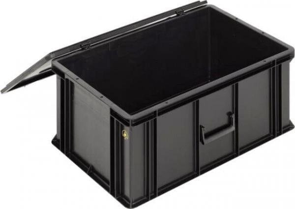 The image shows a black plastic box with a removable lid. It has a rectangular shape and a small handle on the front. The surface is smooth and sturdy.