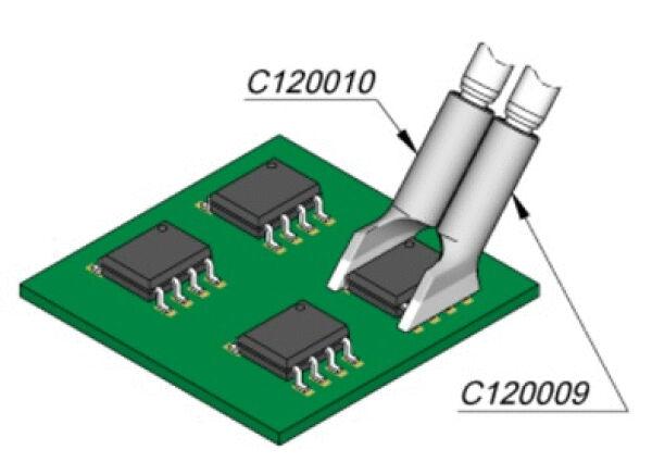 The image shows a green circuit board with four black integrated circuits (ICs) in a row. Two metallic connectors are positioned at the top and are labeled.