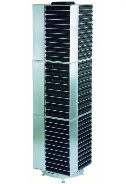 The image displays a tall, slim fan in silver color. It features several horizontal slats and a square shape, divided into three sections.