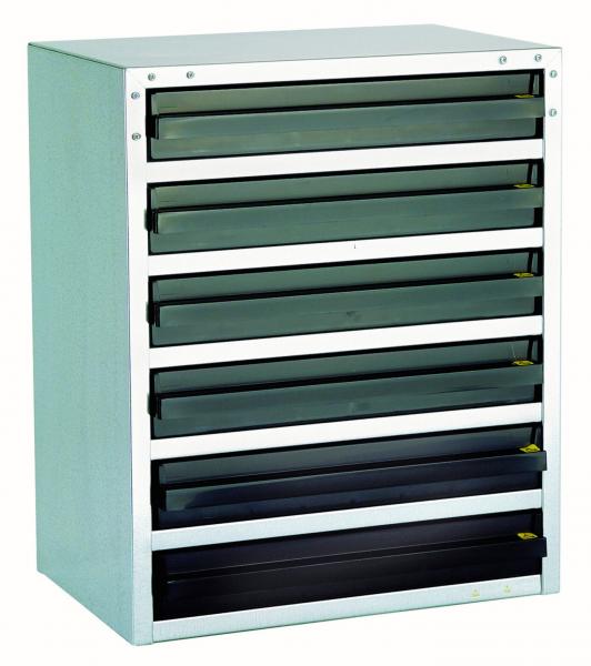 The image shows a rectangular cabinet with nine transparent drawers. The cabinet has a metallic surface and is oriented vertically.