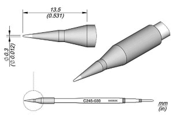 The image shows a technical drawing of a sharp object, possibly a pen or tool. It includes dimensions and a detailed view of the tip.