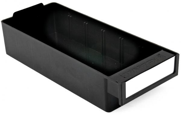 The image shows a black, rectangular box without a lid. It has a smooth surface and a white space for a label on one short side. The interior walls are textured.