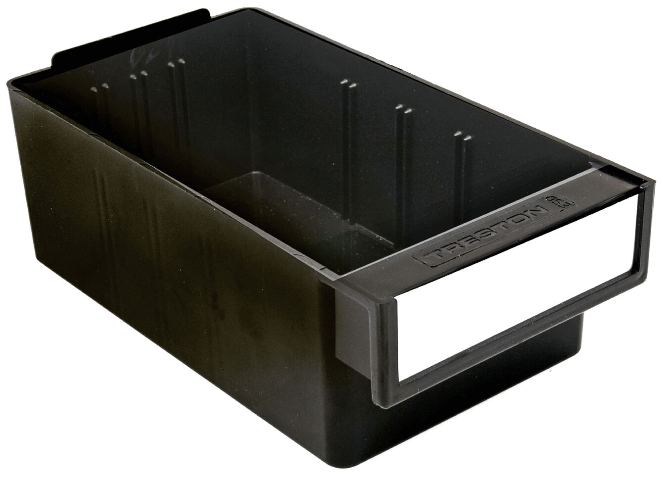 The image shows a black, rectangular plastic storage box. It has an open top edge and a wide front side with a flat handle strip. The inside is smooth.