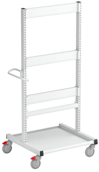 The image shows a white trolley with four wheels. It has a flat storage area at the bottom and several vertical bars with crossbeams for hanging items.