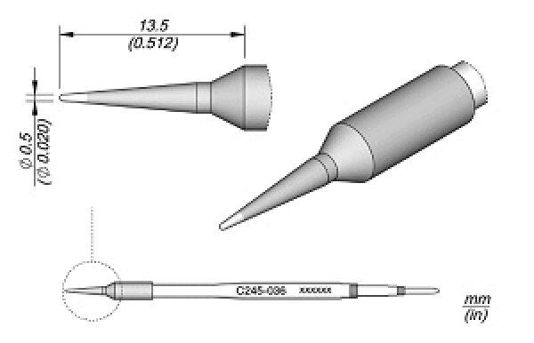 The image displays a sharp, cylindrical object with a narrow end. It has a thicker base and is likely a tool or a tip. Dimensions are shown in millimeters.