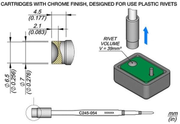 The image displays technical drawings with dimensions for cartridges with a chromatic surface, used in plastic engineering. There is a groove design and a green block.