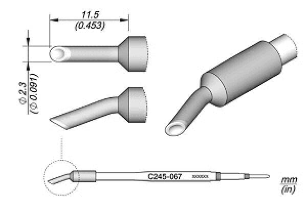 The image displays technical drawings of a component, likely a connector. There are various views and dimensions, the shape is slim and cylindrical with different ends.