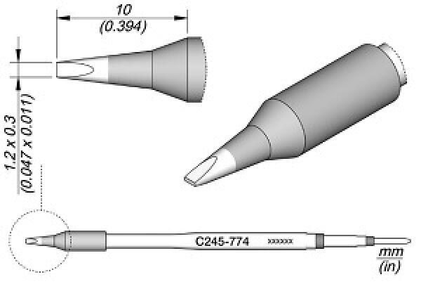 The image displays a technical drawing of a pen with a conical tip. It has a cylindrical shape and features various dimensions that are specified.