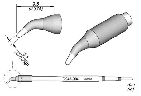 The image displays technical drawings of a tool with a narrow, curved tip and a cylindrical handle. Dimensions are also provided, both in millimeters and inches.