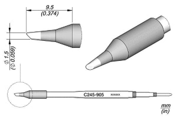 The image displays a technical drawing of a tool with a sharp, conical tip. Dimensions and details are provided on the drawing that explain the shape and size of the tool.