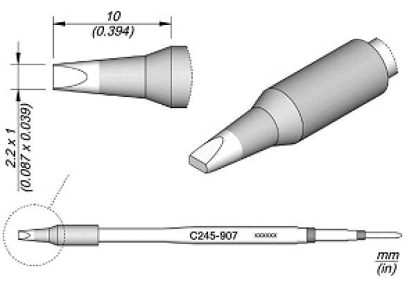 The image displays a technical drawing of a pen or tip with a conical end. It includes measurements and a side view that depict the shape and dimensions.