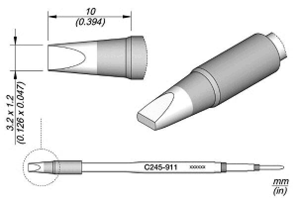 The image displays a narrow object with a conical end and a flat, rounded head. Dimensions are provided in millimeters, along with a part designation on the side.