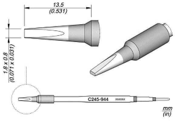 The image displays a technical drawing of an object, likely a tool. It includes multiple views: a side view, a top view, and a perspective with dimensions.