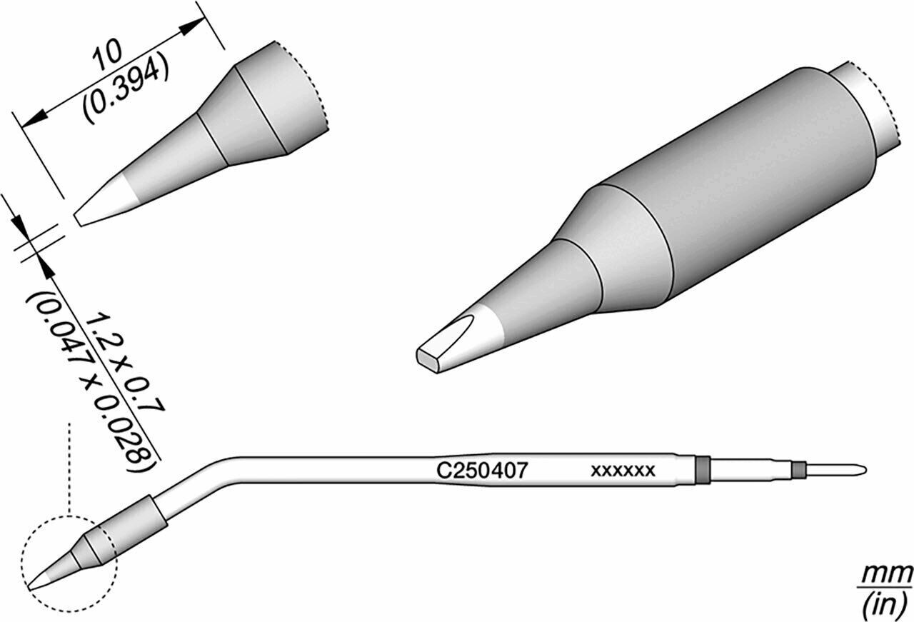 The image displays technical drawings of a tool attachment. Various views are shown, including the tip and the cylindrical body with dimensions in millimeters.