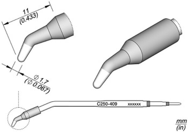 The image displays technical drawings of a straight, narrow tube with a rounded end and a longer hose. The dimensions are provided. It is a precise tool.