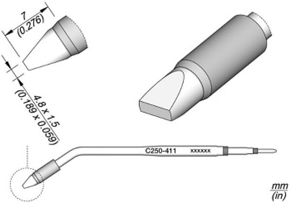 The image shows a technical drawing of a tool attachment. The top features the head of the attachment with a slanted edge. Below, a curved handle is depicted in a side view. Dimensions are provided.