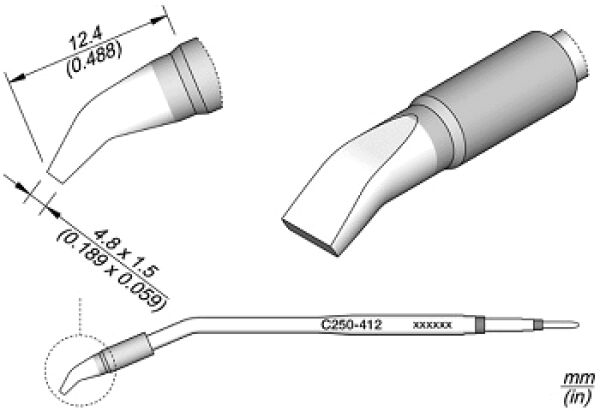 The image displays a technical part, likely a tool. It features a curved tip and various views. Measurements are provided in millimeters.