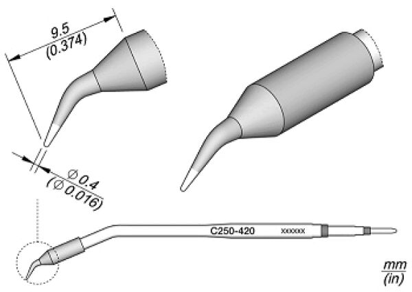 The image shows a technical drawing of a tool with a conical end and a long, narrow shape. Dimensions and a special identification number are provided.