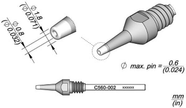 Das Bild zeigt verschiedene Ansichten einer speziellen Düse oder Spitze, einschließlich ihrer Länge, Durchmesser und maximalen Pin-Größe. Technische Maße sind angegeben.