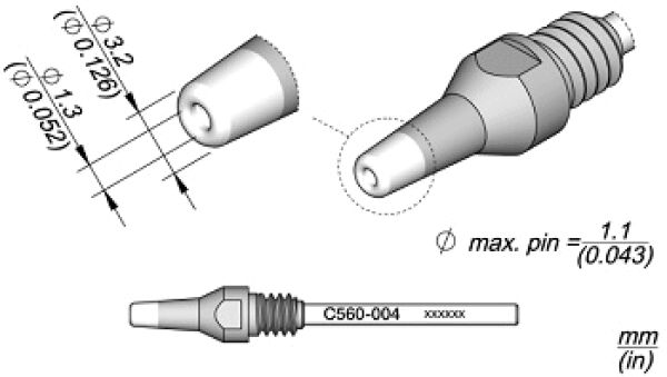 The image displays technical drawings of a connector with dimensions. Various views of the connector are shown, including its top side and a detailed view.