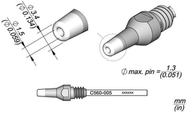 The image displays technical drawings of a component, likely a connector. It includes various views and dimensions, indicating diameters and a maximum pin size.