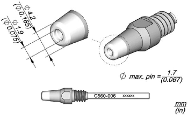 Das Bild zeigt technische Zeichnungen eines Anschlusssteckers. Oben sind zwei Ansichten des Steckers mit Maßen, unten eine Seitenansicht mit Bezeichnung. Formen sind rund und zylindrisch.