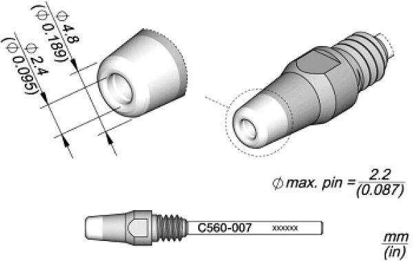 The image displays technical drawings of a mechanical part that is round on one side and threaded on the other. Dimensions are provided in millimeters.