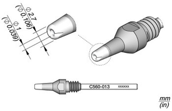 Das Bild zeigt verschiedene Ansichten einer technischen Komponente, vermutlich ein Düsen- oder Anschlussstück. Die Maße sind eingezeichnet, und der Artikel trägt die Bezeichnung C560-013.