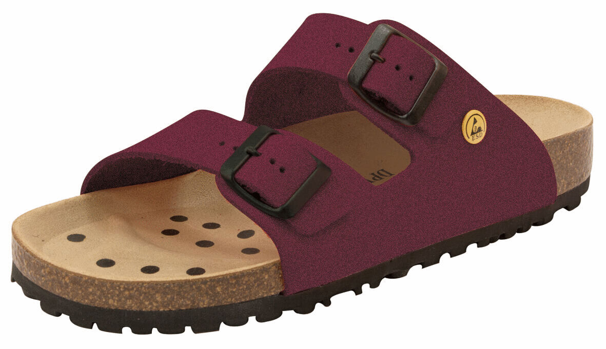 The shoe is an open, red-purple mule style with two adjustable straps and buckles. The sole is made of light, airy material with small holes for ventilation.