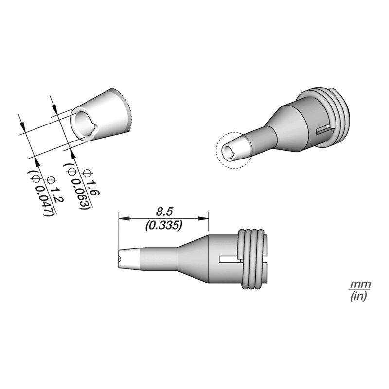 Das Bild zeigt eine technische Zeichnung eines Steckers. Er hat eine konische Form, mit verschiedenen Ansichten und Maßeinheiten in Millimetern für die genauen Abmessungen.