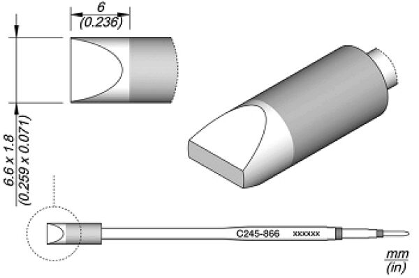 The image displays a technical drawing of a cylindrical object with a rounded end. Dimensions are provided, and the object features a straight, narrow connector. The representation is three-dimensional.