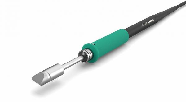 The image shows a soldering iron with a silver metal tip and a green handle. The handle is thick and easy to grip, while the cable is black, thin, and long.