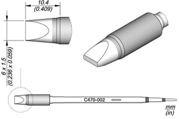 The image shows a technical drawing of a tip attachment. It has a conical shape with a rounded tip. The dimensions are given in millimeters, and it is equipped with a handle.