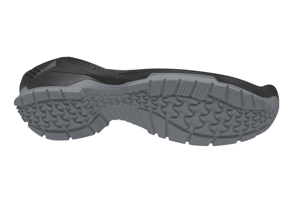 The image shows the underside of a shoe. The sole is black with gray rubber details. It has a textured tread with grooves and ridges to provide grip.