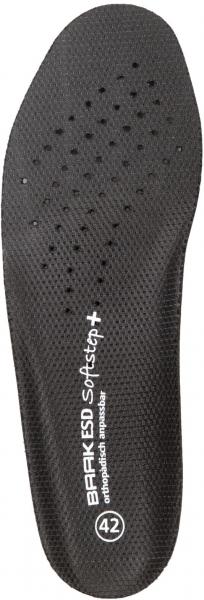 The image shows a black insole with a textured surface and several small holes. It is size 42 and bears the inscription "BARK SID Soft step".