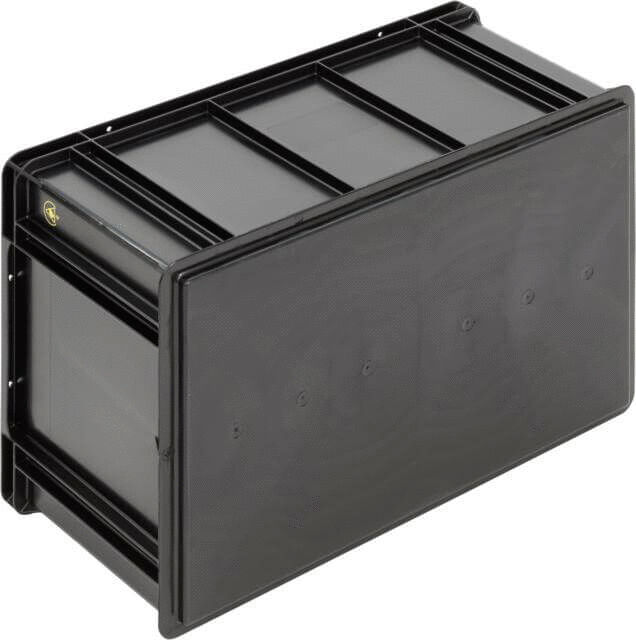 The image shows a rectangular, black plastic box with smooth walls and a flat top. It has side handles and is suitable for storing items.